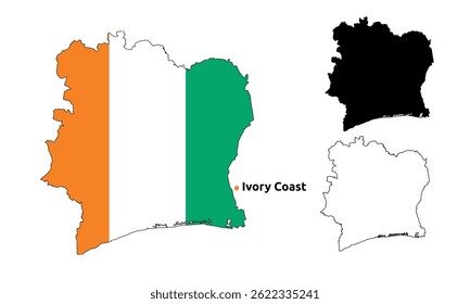 Cote Divoire Map Vector - Country Outline, Flag Inside Map, Blank and Silhouette Version