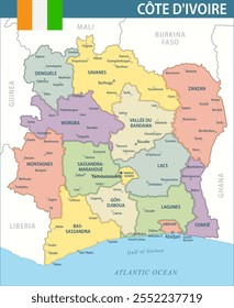 Cote D'Ivoire Map Vetor New 2024 Colorful - Personalizável mapa político em camadas da Costa do Marfim com divisões administrativas para site, educação, relatórios, notícias, política, imprimir, cartaz