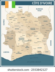 Cote D'Ivoire Map Vector Vintage Dark Blue Beige - Customizable layered political map of Ivory Coast with administrative divisions for website, education, reports, news, politics, print, poster