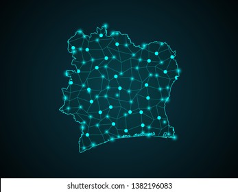 Cote D'Ivoire network map. Abstract polygonal Cote D'Ivoire network map design with glowing dots and lines. Map of Cote D'Ivoire networks. Vector illustration. - Vector