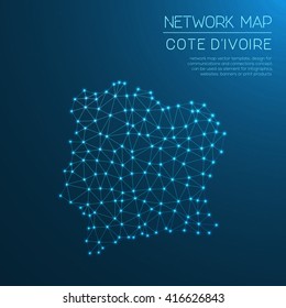 Cote D'Ivoire network map. Abstract polygonal Cote D'Ivoire network map design with glowing dots and lines. Map of Cote D'Ivoire networks. Vector illustration.