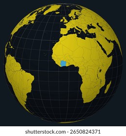 Cote d'Ivoire on Globe. Country view on the world map in Charcoal Bright Yellow color palette. Cote d'Ivoire shape on map. Globe with meridians, parallels, countries, rivers and lakes.