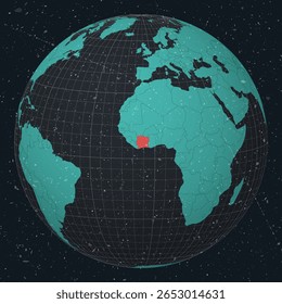 Cote d'Ivoire on Globe. Vintage look with grunge scratched texture. Country view on world map in Dark Charcoal Turquoise color palette. Cote d'Ivoire shape on map. Globe with meridians and parallels.