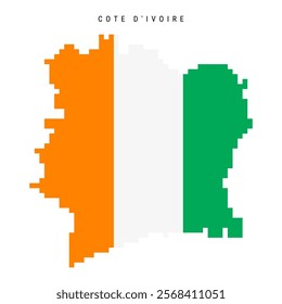 Cote dIvoire pixel flag map icon. 8 bit pixel art Ivory Coast map covered with flag. Flat vector illustration isolated on white background.