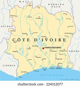 Cote D'Ivoire Political Map with capital Yamoussoukro, national borders, important cities, rivers and lakes. English labeling and scaling.