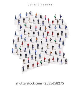 Cote dIvoire population map. Large group of realistic a diverse crowd of people figures in a shape of Ivory Coast map. Flat vector illustration isolated on white.