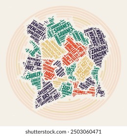 Cote d'Ivoire Round Poster. Typography style image of Country. Regions word clouds of Cote d'Ivoire. Vintage image design with scratch texture.