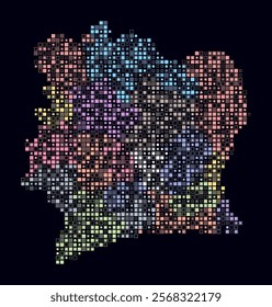 Cote d'Ivoire, shape of the country build of colored cells. Digital style map of the Cote d'Ivoire on dark background. Small size square blocks. Amazing vector illustration.