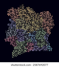 Cote d'Ivoire, shape of the country built of colored cells. Digital style map of Cote d'Ivoire on dark background. Small size circle blocks. Modern vector illustration.