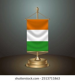 Cote D'Ivoire Vertical table flag with golden pole on dark gradient background, Template banner vector  Illustration