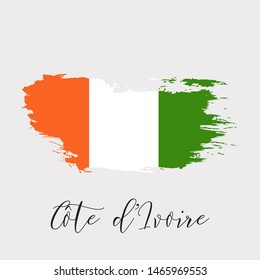 Cote d'Ivoire watercolor vector national country flag icon. Hand drawn illustration with dry brush stains, strokes, spots, isolated background. Painted grunge style texture for posters, banner design.