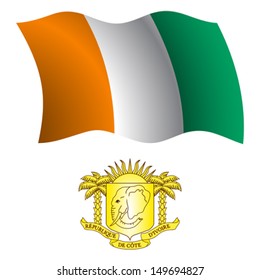 cote d'ivoire wavy flag and coat of arms against white background, vector art illustration, image contains transparency
