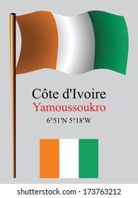 cote d'ivoire wavy flag and coordinates against gray background, vector art illustration, image contains transparency