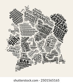 Cote d'Ivoire Word Cloud. Country with regions division. Cote d'Ivoire typographic text clouds vector image design. Vintage gazette style country shape image.