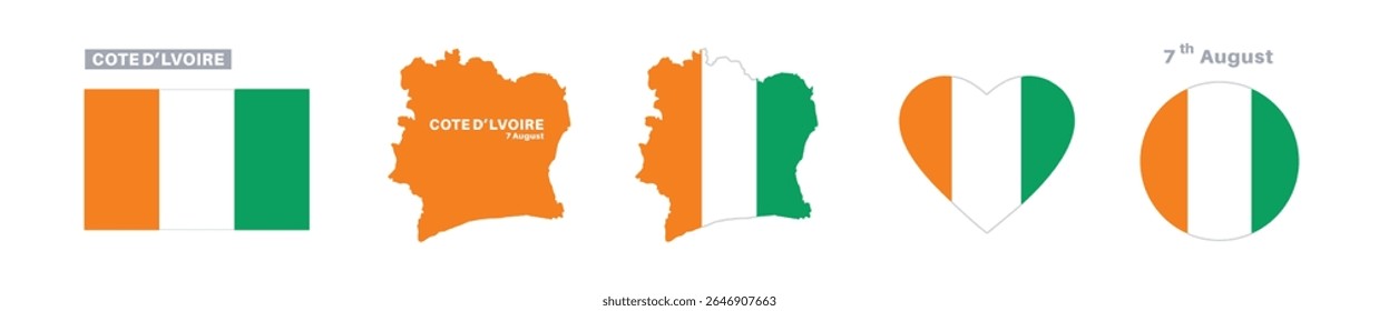 cote dlvoire bandeira e conjunto de mapas. cote dlvoire bandeira em cores oficiais e proporções. independência dia 7 de agosto, mapa, círculo e coração em forma de cote dlvoire