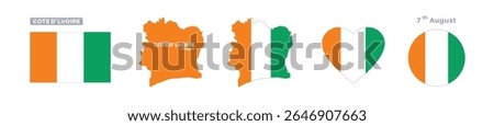 cote dlvoire flag and map set. cote dlvoire flag in official colors and proportions. independence day 7 august, map, circle and heart shaped cote dlvoire