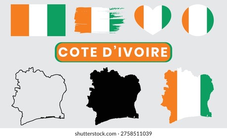 Cote d’Ivoire Ivory Coast flag and map illustrations.