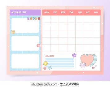 Cote Spring style planner with hand drawn lettering "happy". Vector Cartoon Weekly and Daily organizer. Cute schedule page. Positive design.
