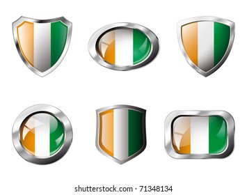 Cote voire set shiny buttons and shields of flag with metal frame - vector illustration. Isolated abstract object against white background.