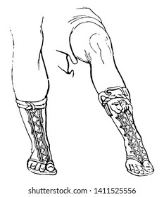 A Cothurnus worn by a goddess and another by a statue, vintage line drawing or engraving illustration.