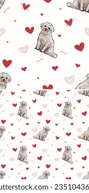 Coton de Tulear Dog Breed. Valentine's day pattern with dogs and hearts on a white background. Love doodles hearts with pets holiday texture. Square background, repeatable pattern. St Valentine.