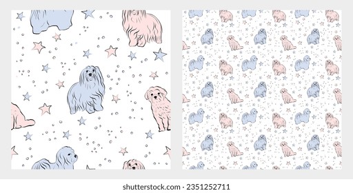 Coton de Tulear Dog Breed. Pattern design with funny doodles and dog outlines, seamless pattern with stars. T-shirt textile, linen, wrapping paper, bright background graphic design. Babies Wallpaper.