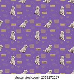 Coton de Tulear Dog Breed. Happy Birthday Pattern with dogs in a party hat, cake, seamless Holiday background with birthday-related icons. Repeatable tiles, wrapping paper, violet art deco wallpaper.