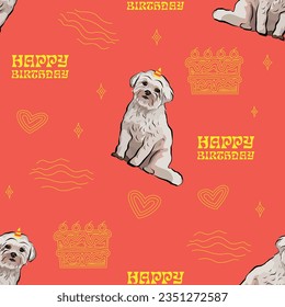 Coton de Tulear Dog Breed. Happy Birthday Pattern with dogs in a party hat, seamless Holiday background with birthday elements icons. Repeatable tiles, wrapping paper, orange art deco wallpaper.