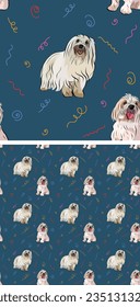 Coton de Tulear Dog Breed. Seamless navy color pattern with smiling detailed illustrations of dogs and colorful swirls, butterflies.Holiday texture. Square format wrapping paper, holiday packaging. 
