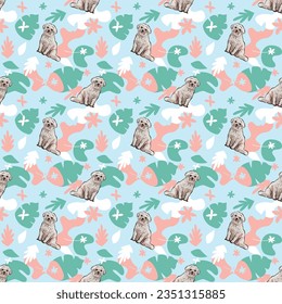 Coton de Tulear Dog Breed dogs wallpaper with leaves, palms, flowers, and plants. Pastel blue, floral repeatable pattern. Holiday abstract natural shapes. Seamless Birthday background with dogs.