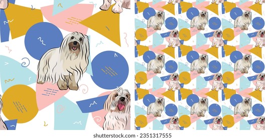 Coton de Tulear Dog Breed dog summer bright wallpaper. Holiday abstract circles, squares, spirals, confetti. Seamless geometric background, repeatable pattern. Birthday wallpaper, Christmas present.