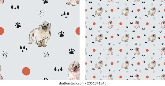 Coton de Tulear Dog Breed. Seamless dogs pattern, holiday texture. Square format, t-shirt, poster, packaging, textile, textile, fabric, decoration, wrapping paper. Trendy hand-drawn abstract wallpaper