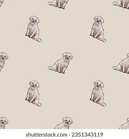 Coton de Tulear Dog Breed. Seamless pattern with dogs, holiday present. Dog Packaging beige wrapping paper. Trendy hand-drawn funny wallpaper with puppies. Fun seamless happy cute side view dogs.