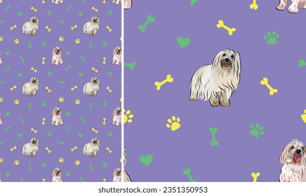 Coton de Tulear Dog Breed on a playful violet background with bones, hearts, and paws. Funky, colorful vibe, a vibrant palette. Simple, clean, modern texture. Summer seamless pattern with pets icons.