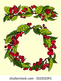Cotoneaster red berries green leaves in garland border and wreath isolated on pale background. Christmas hand drawn watercolor botanical illustration for greeting cards, gifts, printings. 