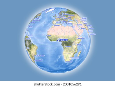 Cotonou-Benin is shown on vector globe map. The map shows Cotonou-Benin 's location in the world.