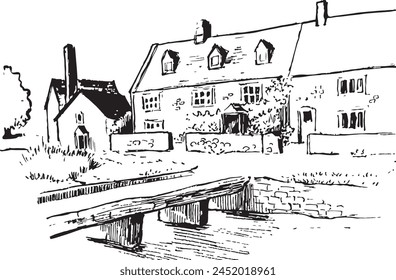 Cotswold Village ink sketch. British countryside vector drawing. Cottages, towers, rivers scene illustration. 