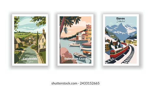 Cotswolds, England. Dalmatian Coast, Croatia. Davos, Switzerland - Set of 3 Vintage Travel Posters. Vector illustration. High Quality Prints svg