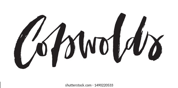 Cotswolds. Vector ragged brush lettering element. Cotswolds area name for posters, cards, maps and travel guides. Graffiti style. Isolated black and white text.