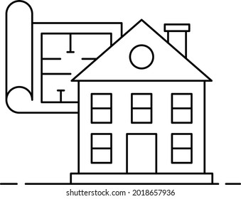 cottage with architect plan drawing Concept,  house front elevation Vector Icon Design, urban and suburban house Symbol, Real Estate and Property Sign, Apartment and Mortgage Stock illustration