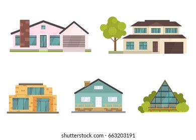 Cottage and assorted real estate building icons. Residential house collection in new cartoon style