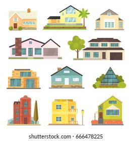 Cottage and assorted real estate building icons. Residential house collection in new cartoon style