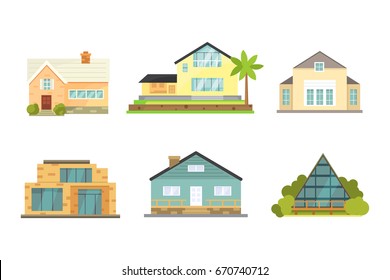 Cottage and assorted real estate building icons. Residential house collection in new cartoon style