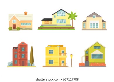 Cottage and assorted real estate building icons. Residential house collection in new cartoon style