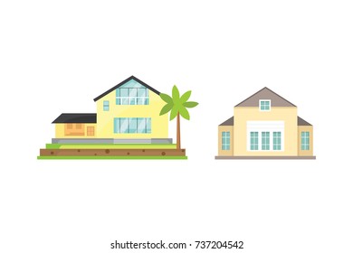 Cottage and assorted real estate building icons. Residential house collection in new cartoon style