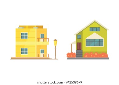 Cottage and assorted real estate building icons. Residential house collection in new cartoon style