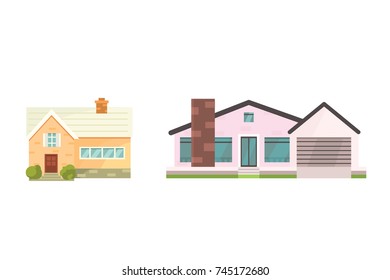 Cottage and assorted real estate building icons. Residential house collection in new cartoon style