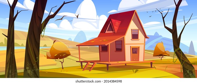 Cottage in autumn forest landscape, wooden house