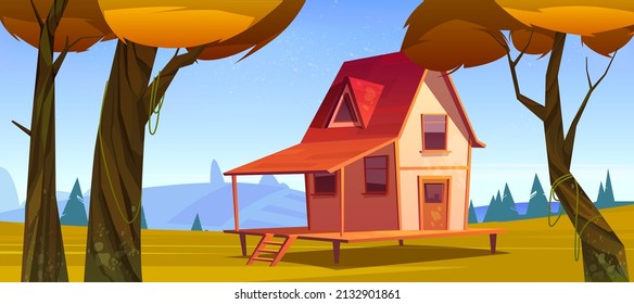 Cottage in autumn forest landscape, wooden house on stilts on yellow field among trees with orange foliage. Home dwelling with terrace on piles at sunny wood background, Cartoon vector illustration