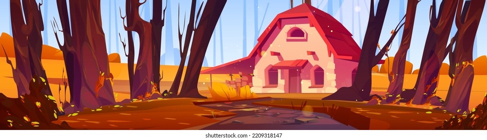 Cottage in autumn forest, stone house with wooden roof on bright orange colored field among trees with dirt road going to porch. Cozy fairy home or witch hut, game background, Vector illustration